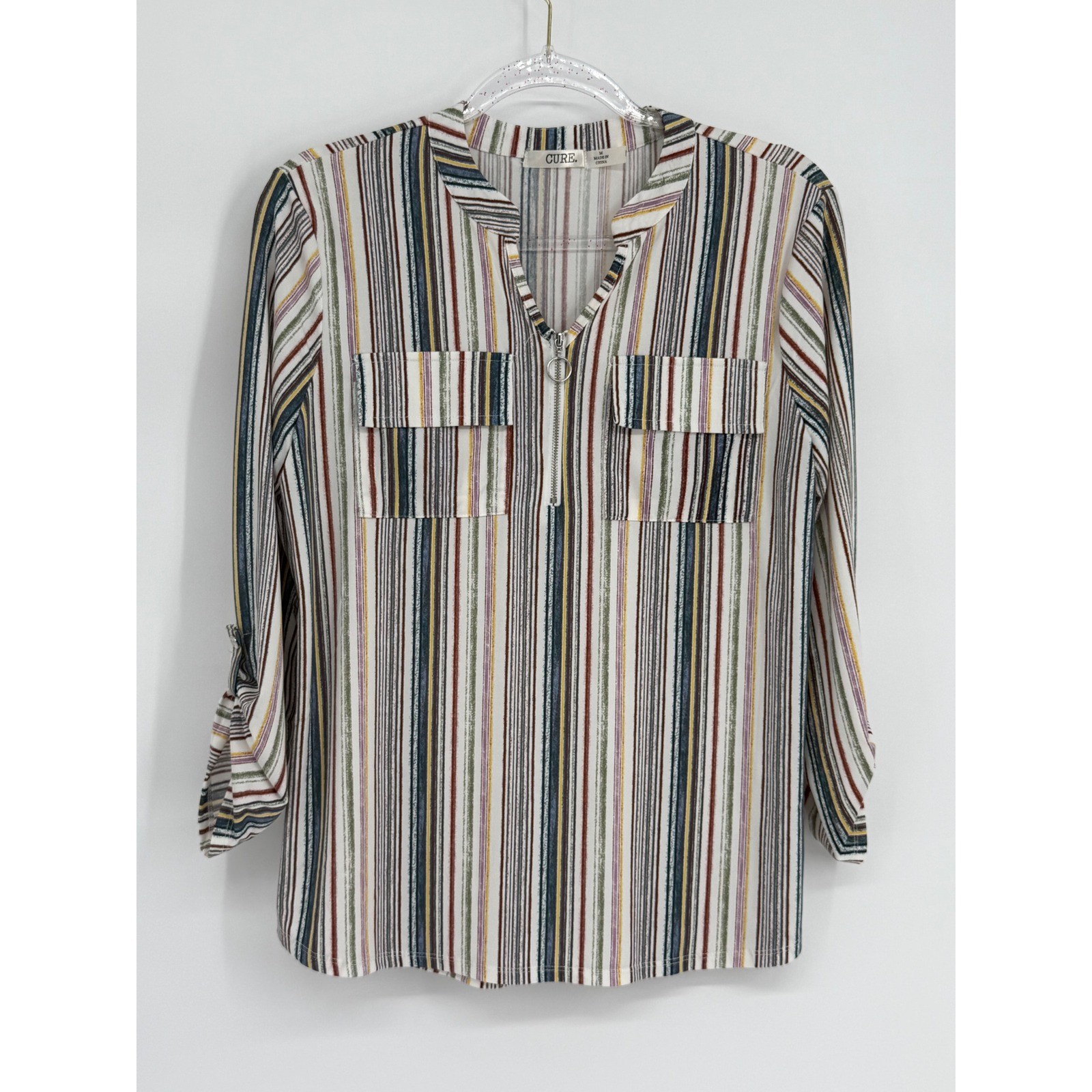 CURE. Womens Multi Color Striped Zip V Neck Roll Tab Sleeve Blouse Sz M
