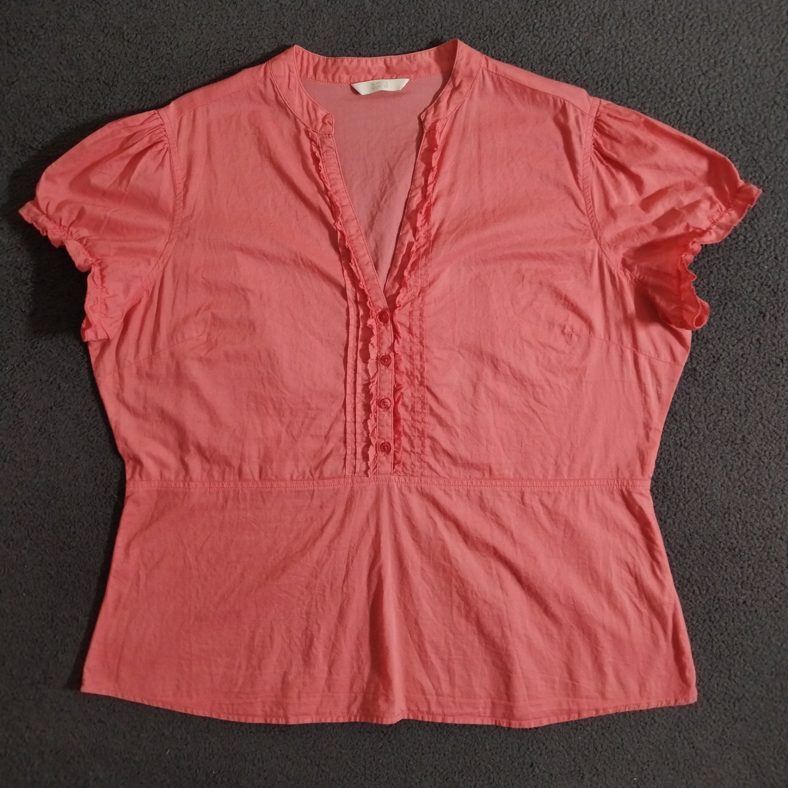 Marks Spencer Top Womens 18 Coral Pink Button Blouse Ruffle Pleated Puff Ruched