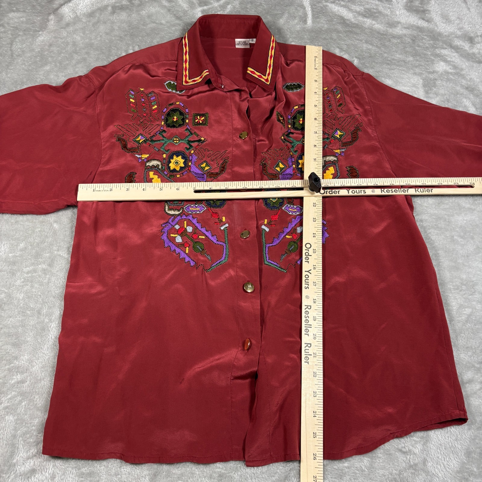 Vintage Western Shirt Womens 8 Red Silk Embroidered Boho Southwest Cowgirl 80s