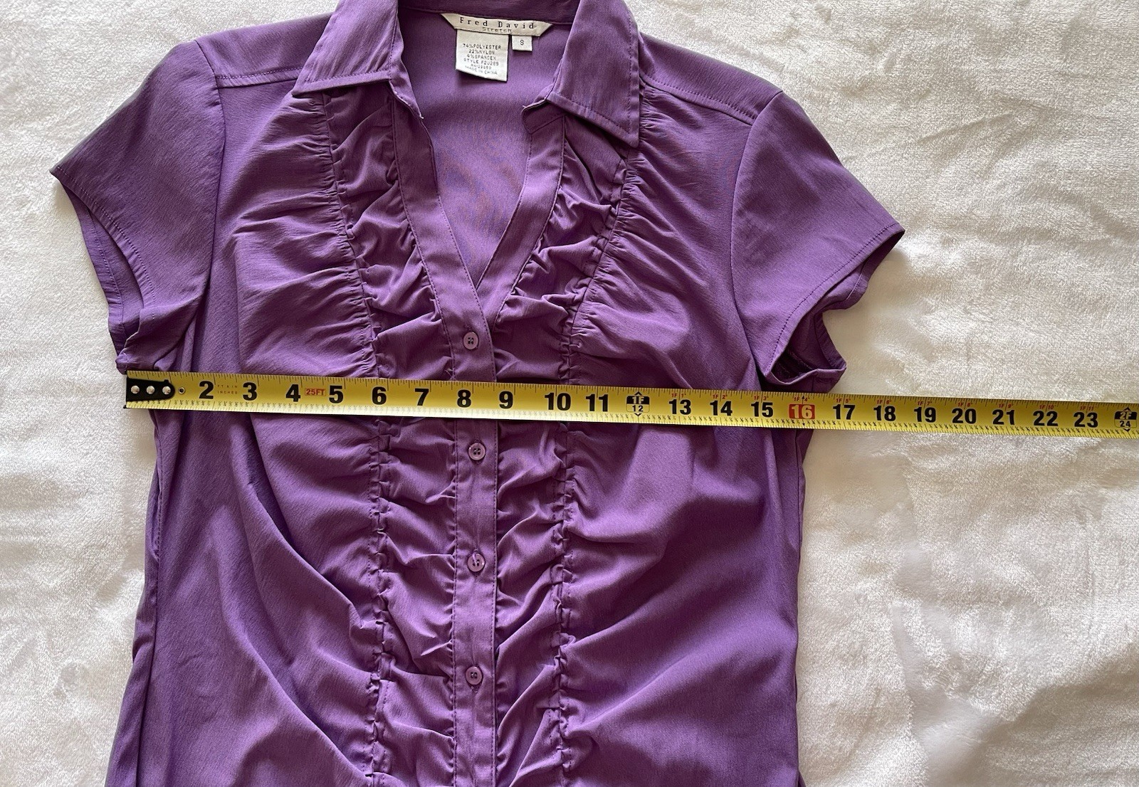 Fred David Women’s S Purple Collared Button-Up Ruffle Front Cap Sleeve Blouse