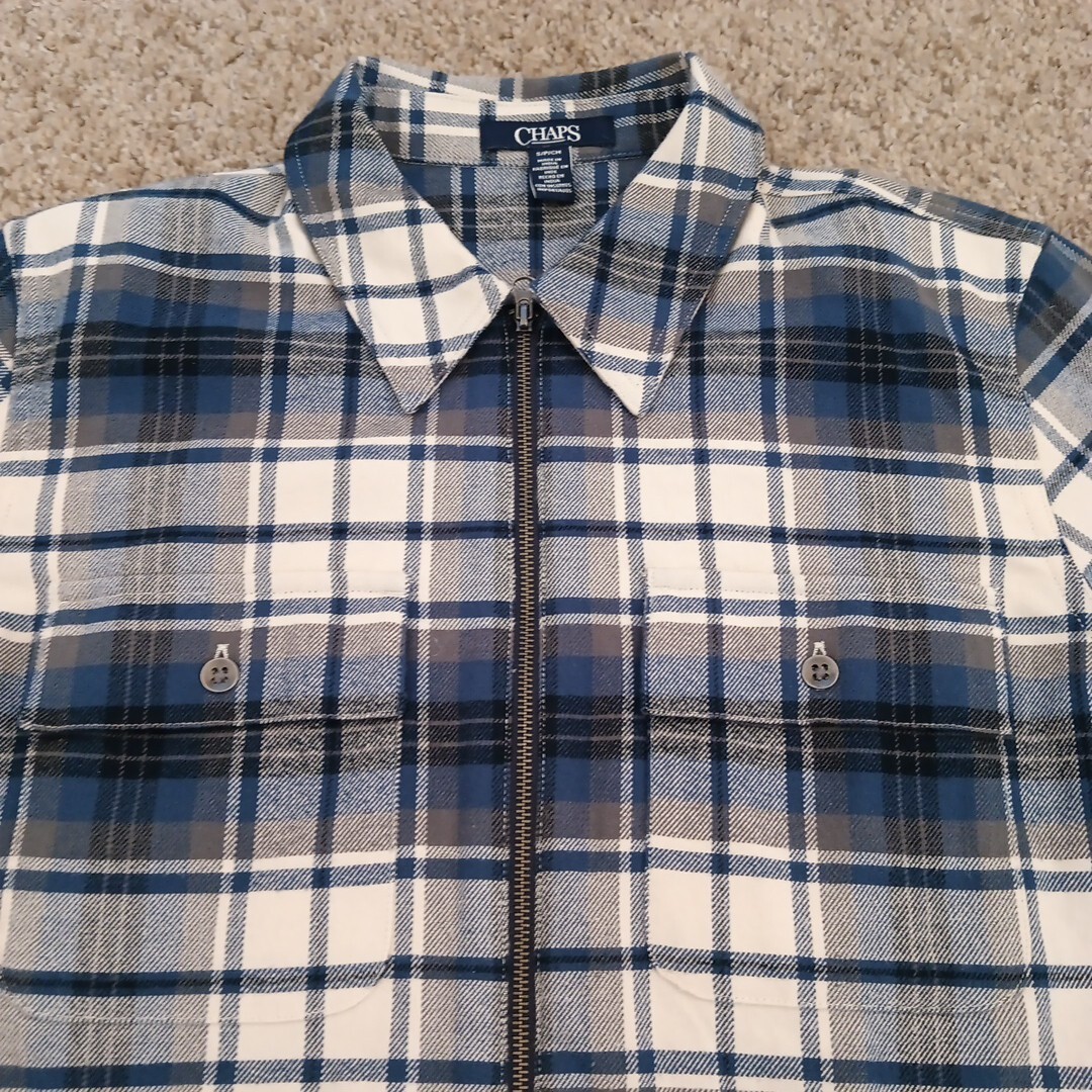 Chaps Shirt Womens Small Blue Plaid Long Sleeve Full Zip Pockets Cotton