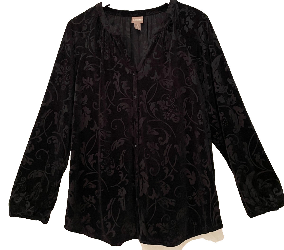 Chico’s size L 2 black velvet floral embossed blouse top button front dressy