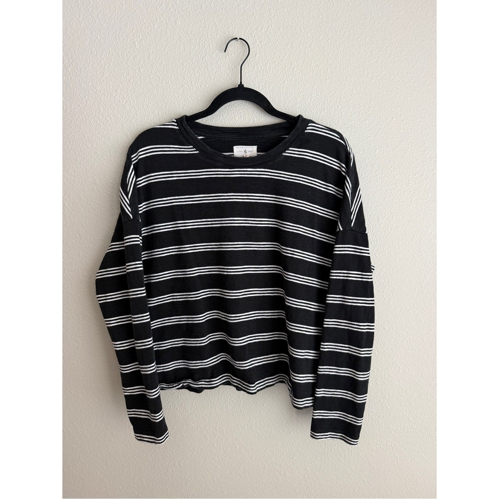 Lou & Grey Sz M Boxy Cropped Long Sleeve Top Striped Black White 100% Cotton