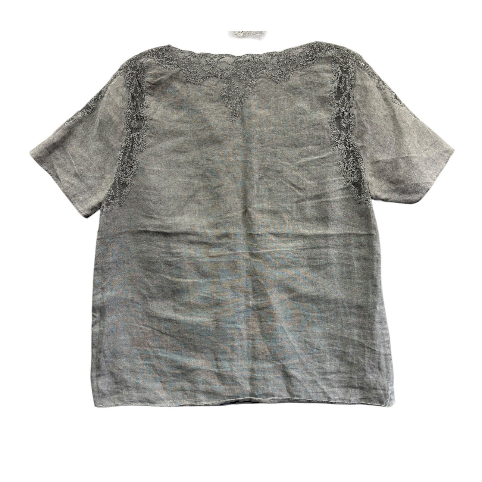 Jigsaw Gray Linen Blend Blouse Lace Trim Boho Minimalist Short Sleeve Top 4