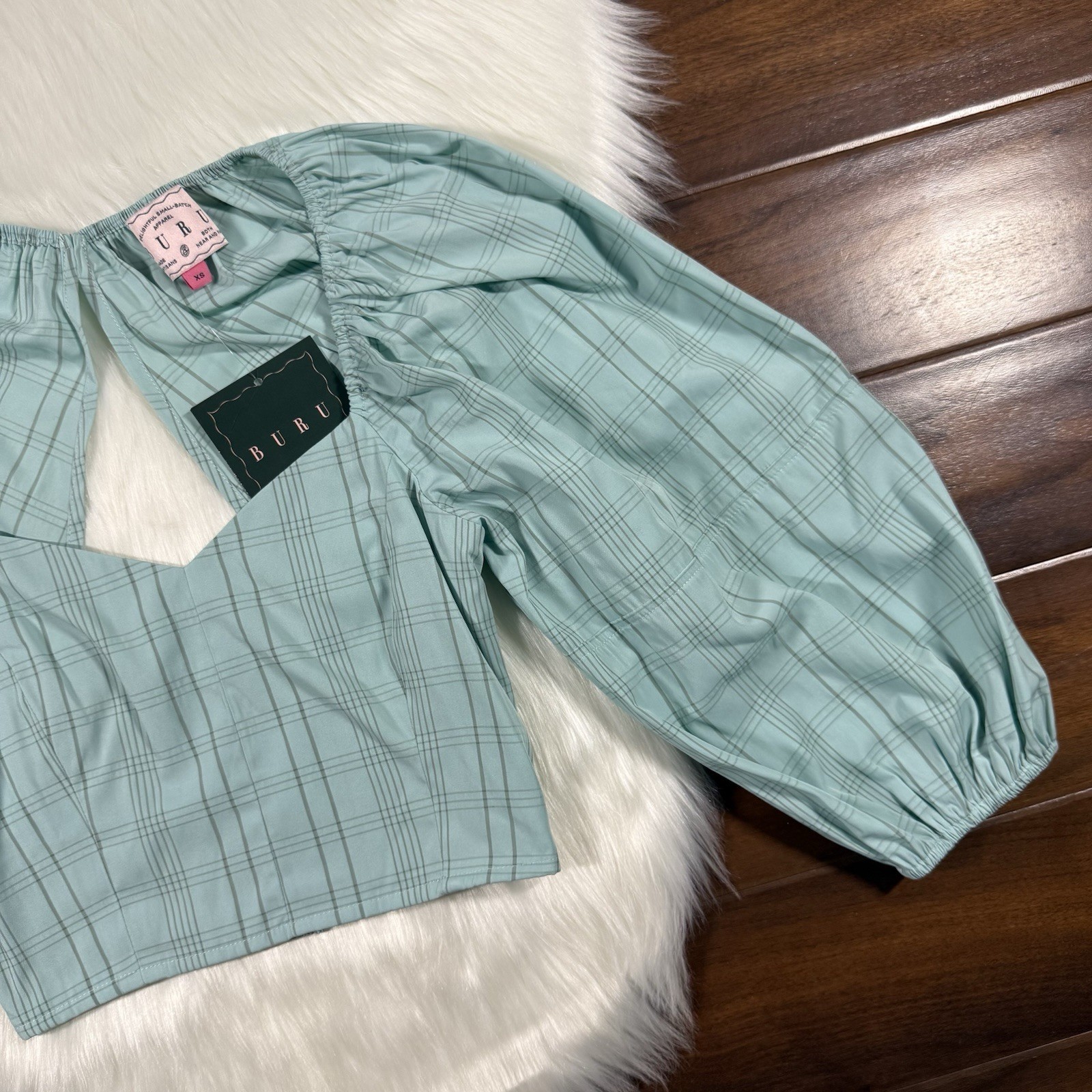 Buru Size XS Aqua Stripe Sweetheart Neck Balloon Sleeve Bustier Cropped Top