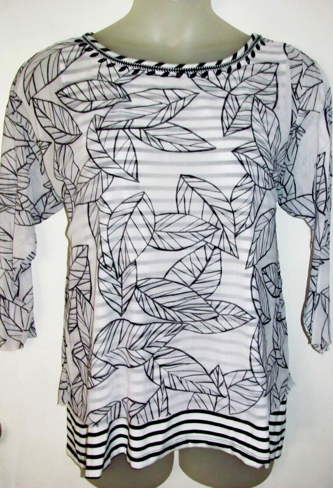 Nice RUBY RD Leaf Mesh Overlay BEADED NECKLINE Stripe Lining Top XL 16