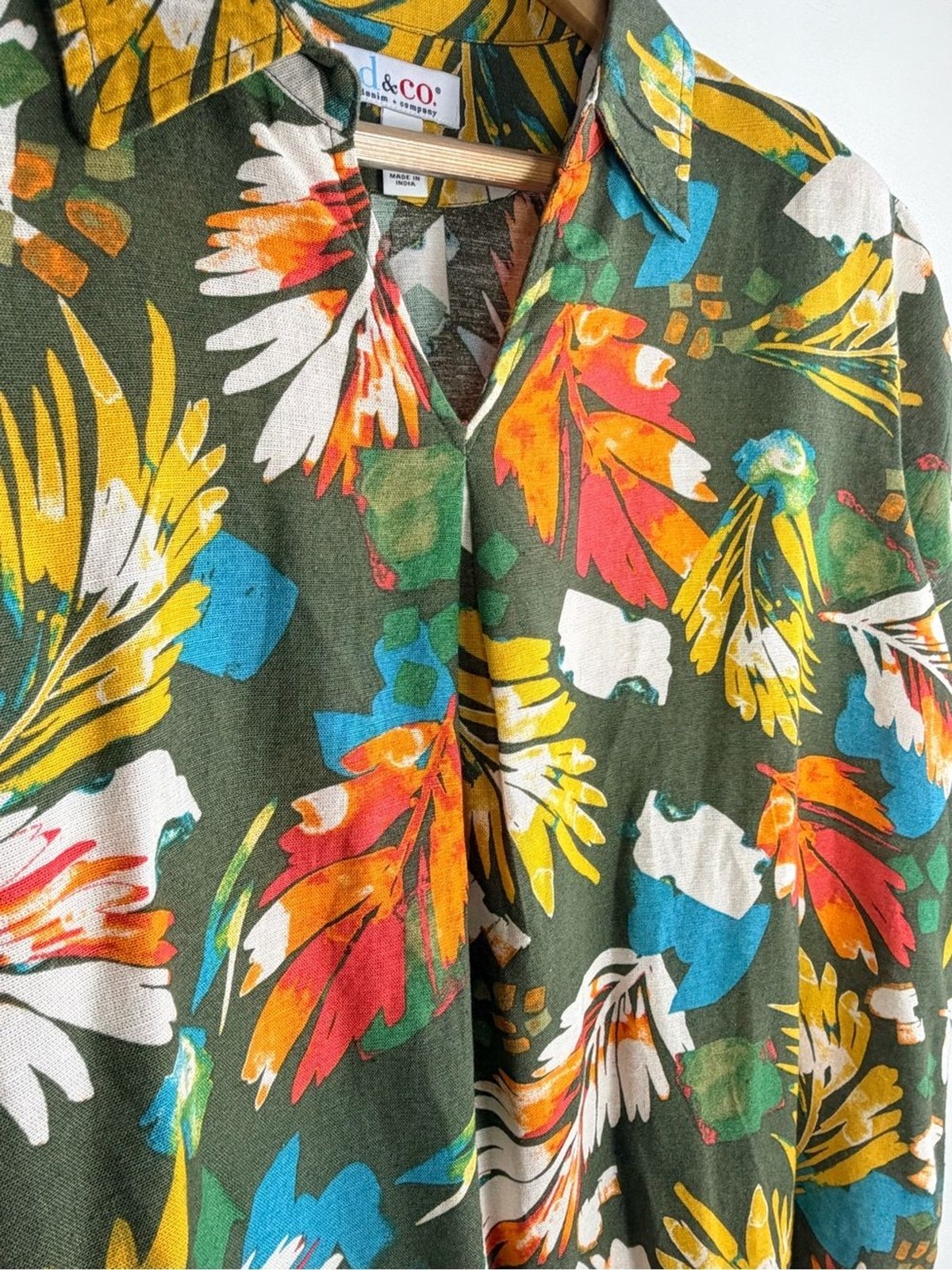 d&Co Denim + Company XL Tropical Leaf Print Linen Blend Collared Blouse
