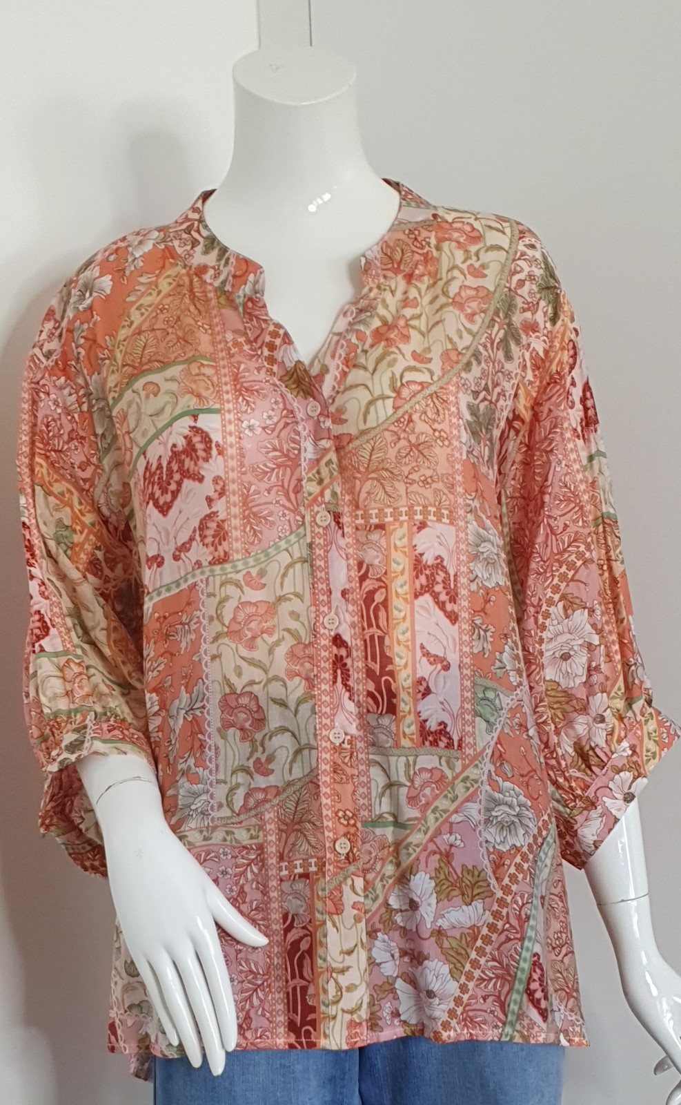 Caroline Morgan Sz 14-16 Boho Floral Patchwork Blouse 3/4 Slv Hi-Lo Hem BNWT