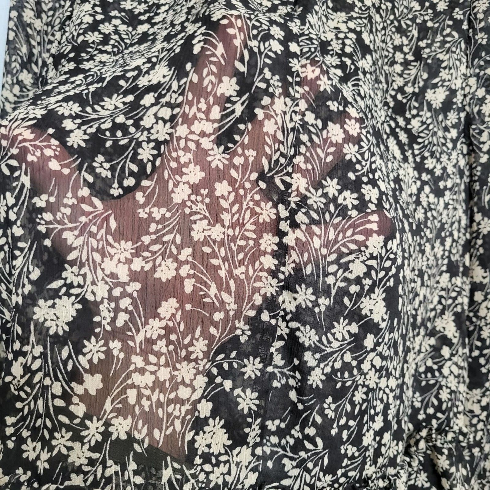 Rabbit Rose Floral Tiered Ruffle High Neck Sheer Top Med Black White Victorian
