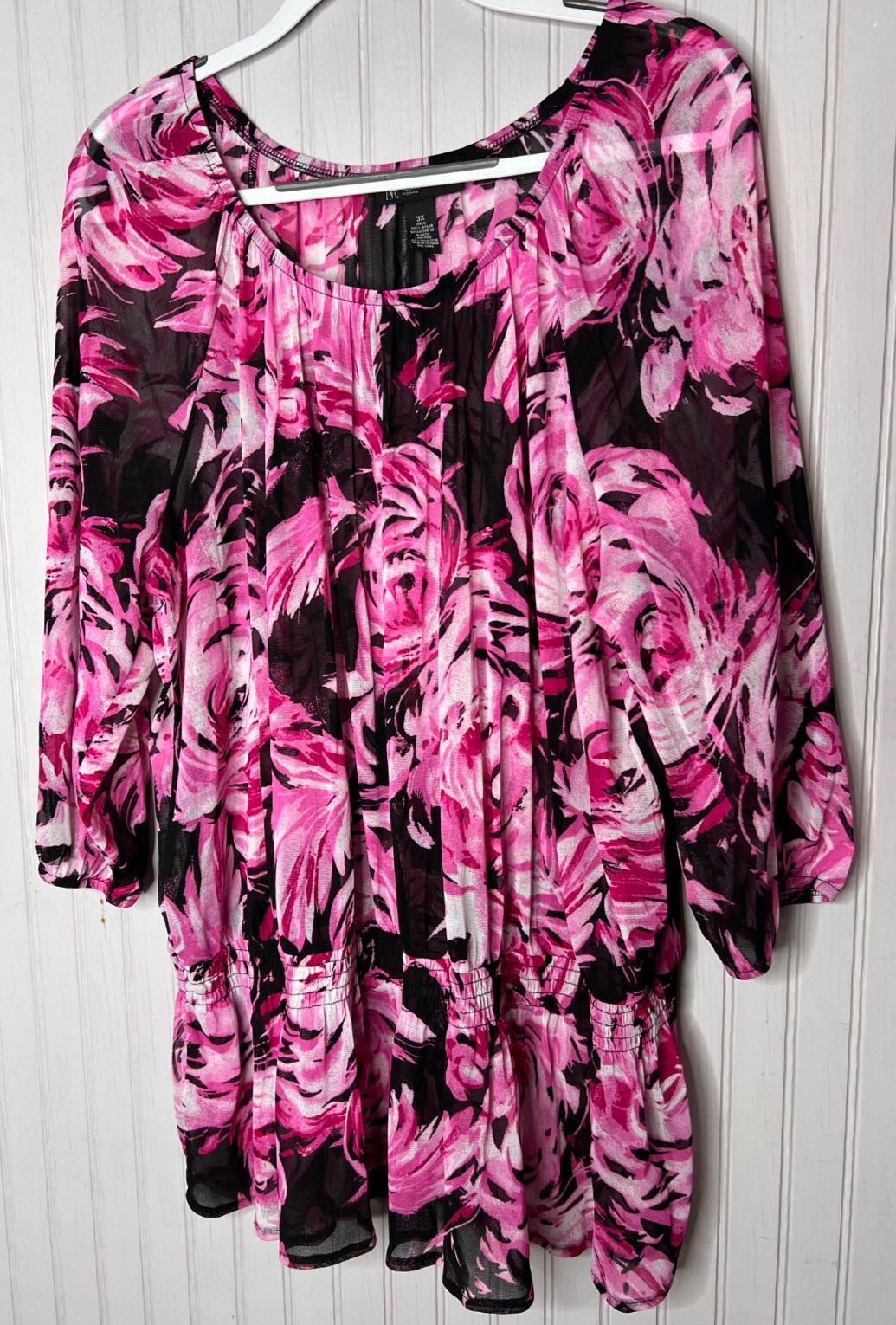 INC Concepts Womens TOP 3X Hot PInk Black Floral Nylon Smocked Sheer Hippie