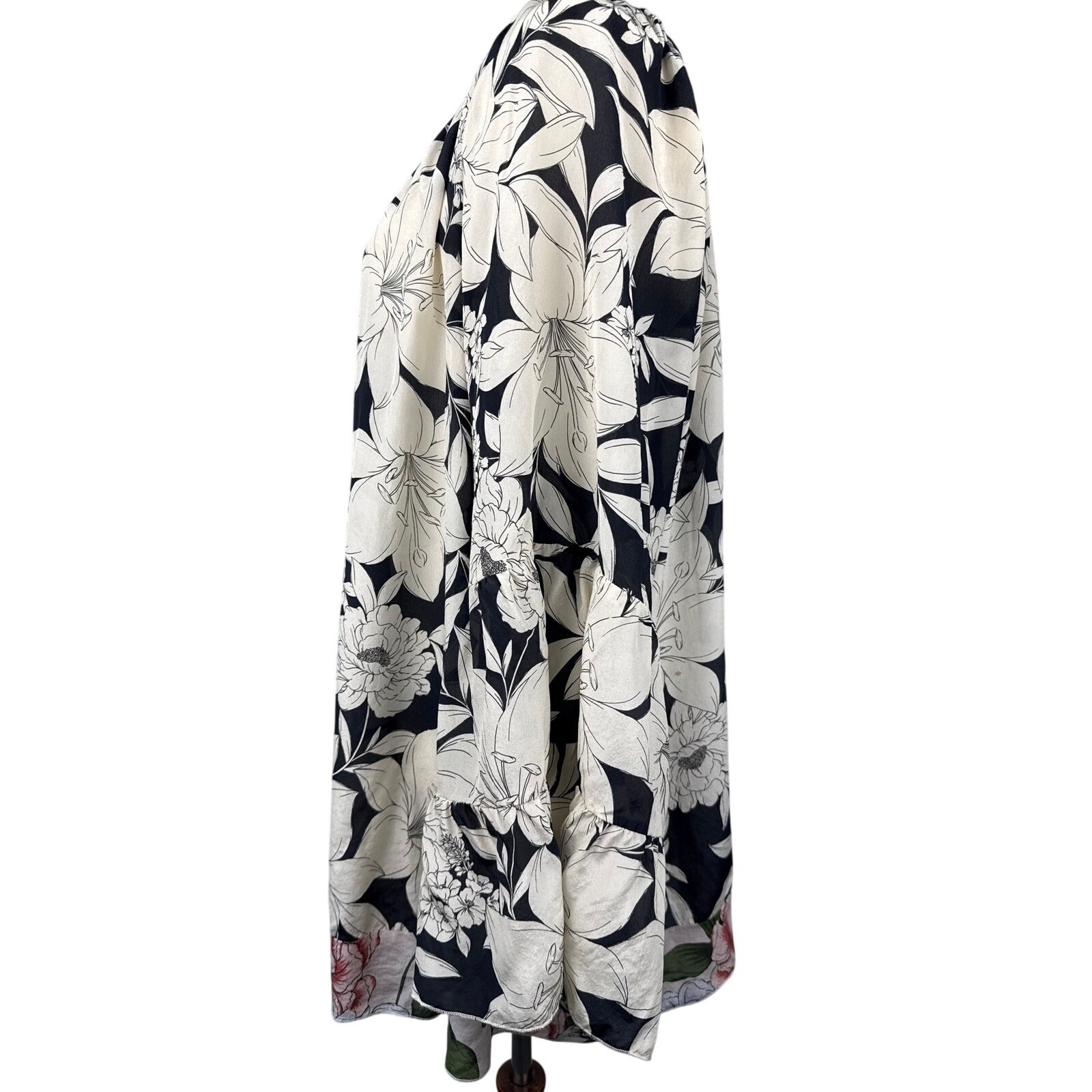 Johnny Was Jade Eva Tiered Silk Blouse 1X Black Cream Floral Boho Tunic EUC