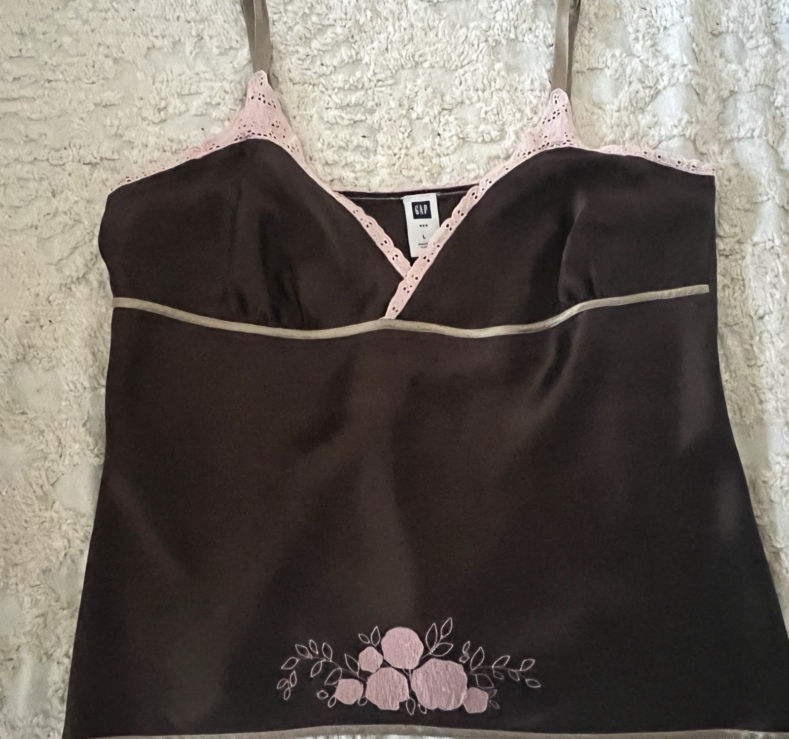 Vtg Y2K GAP Espresso Silk Cami Blouse w/Pink Lace Trim Fairycore Coquette Sz L