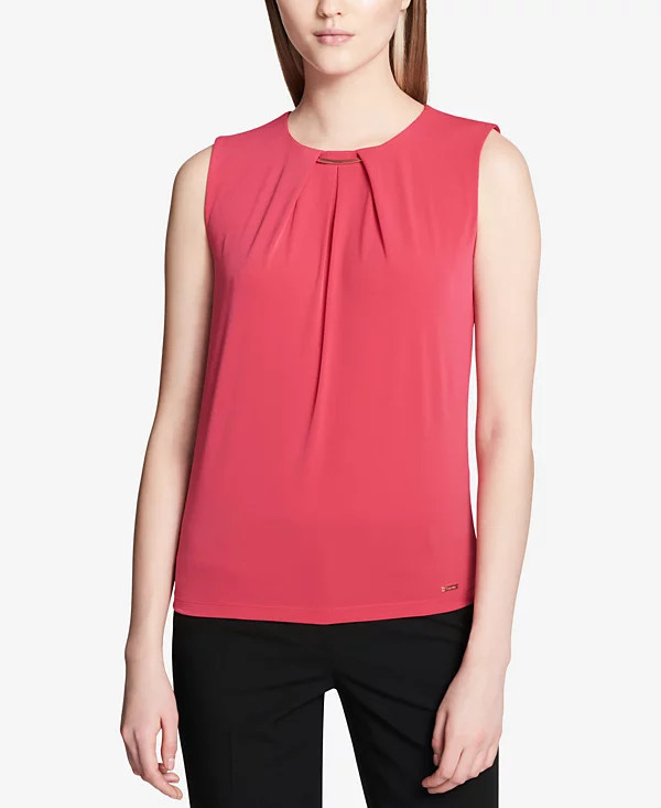 CALVIN KLEIN Embellished Pleated Crew Neck Back Keyhole Sleeveless Top, XS Red