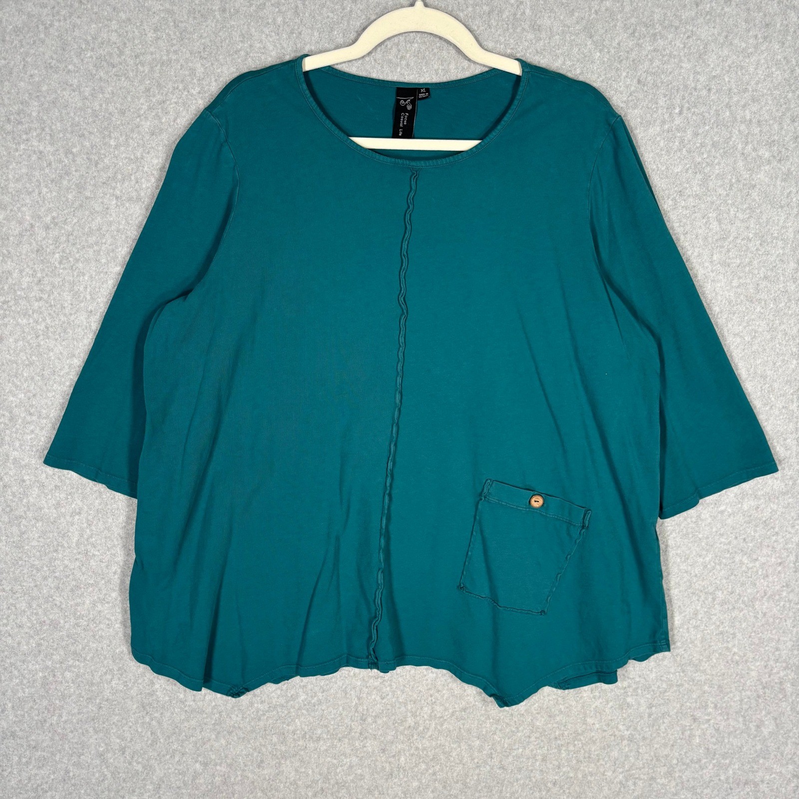 Focus Casual Life Asymmetric Tunic Top XL Teal Pocket Flowy Lagenlook Artsy Boho