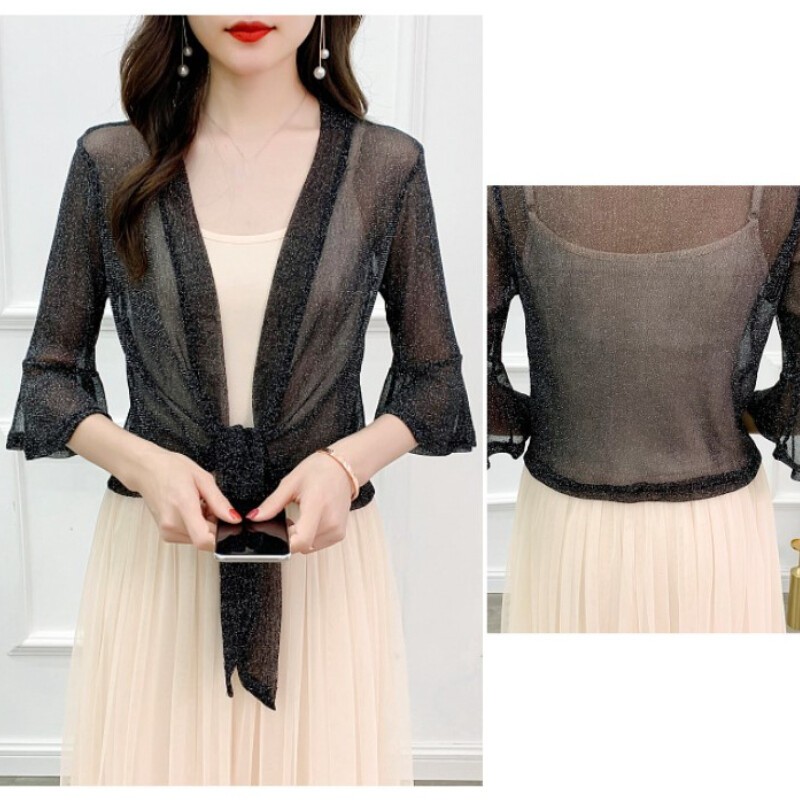 Lady Faux Silk Mesh Cardigan Flared Sleeve Cropped Tops Bolero Shrug Shawl