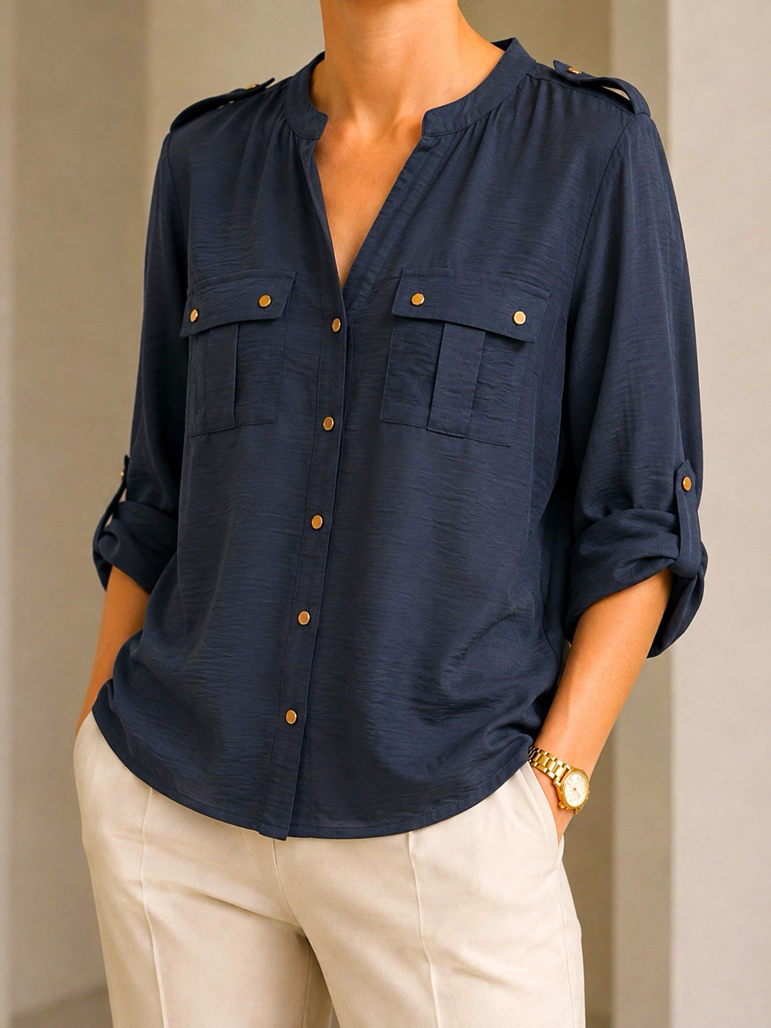 ninetY clothing co Women’s Blue Solid V-Neck Roll Tab Long Sleeve Blouse S
