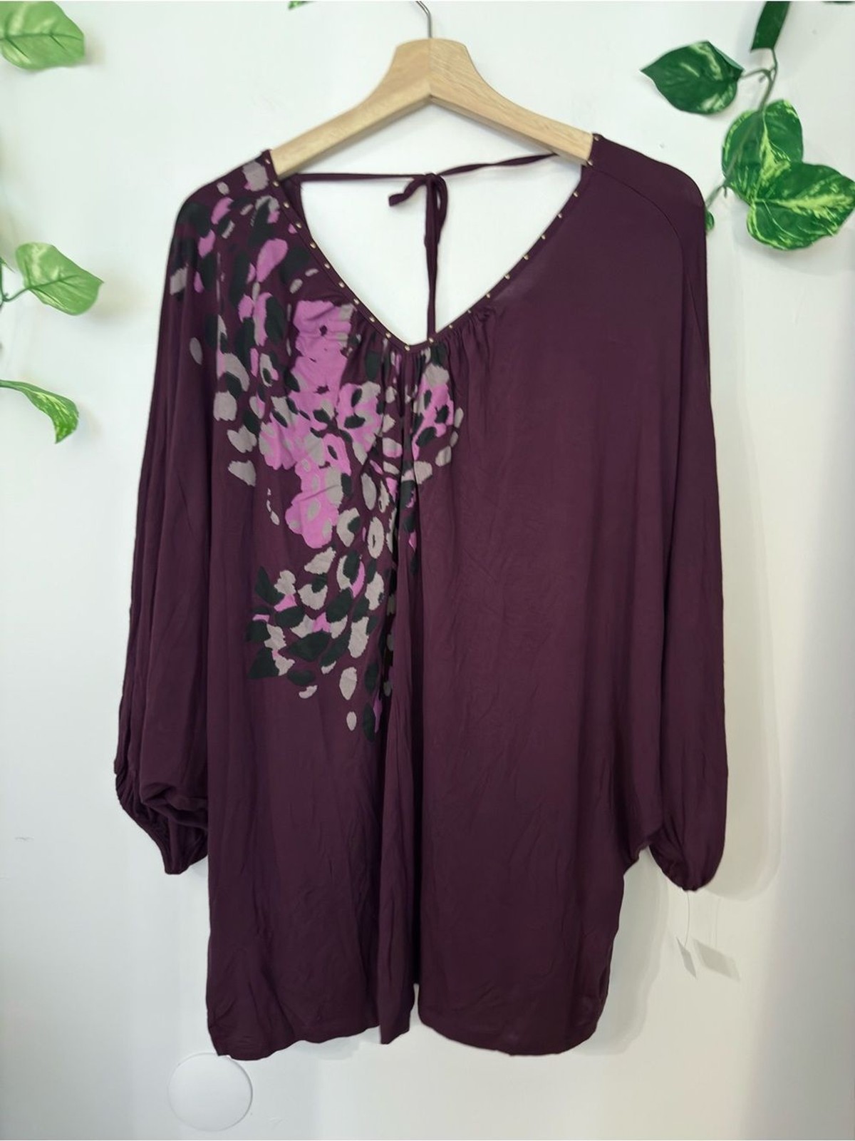 Elle Plum Tunic Top with Pink Floral Accent Fall Shirt XL