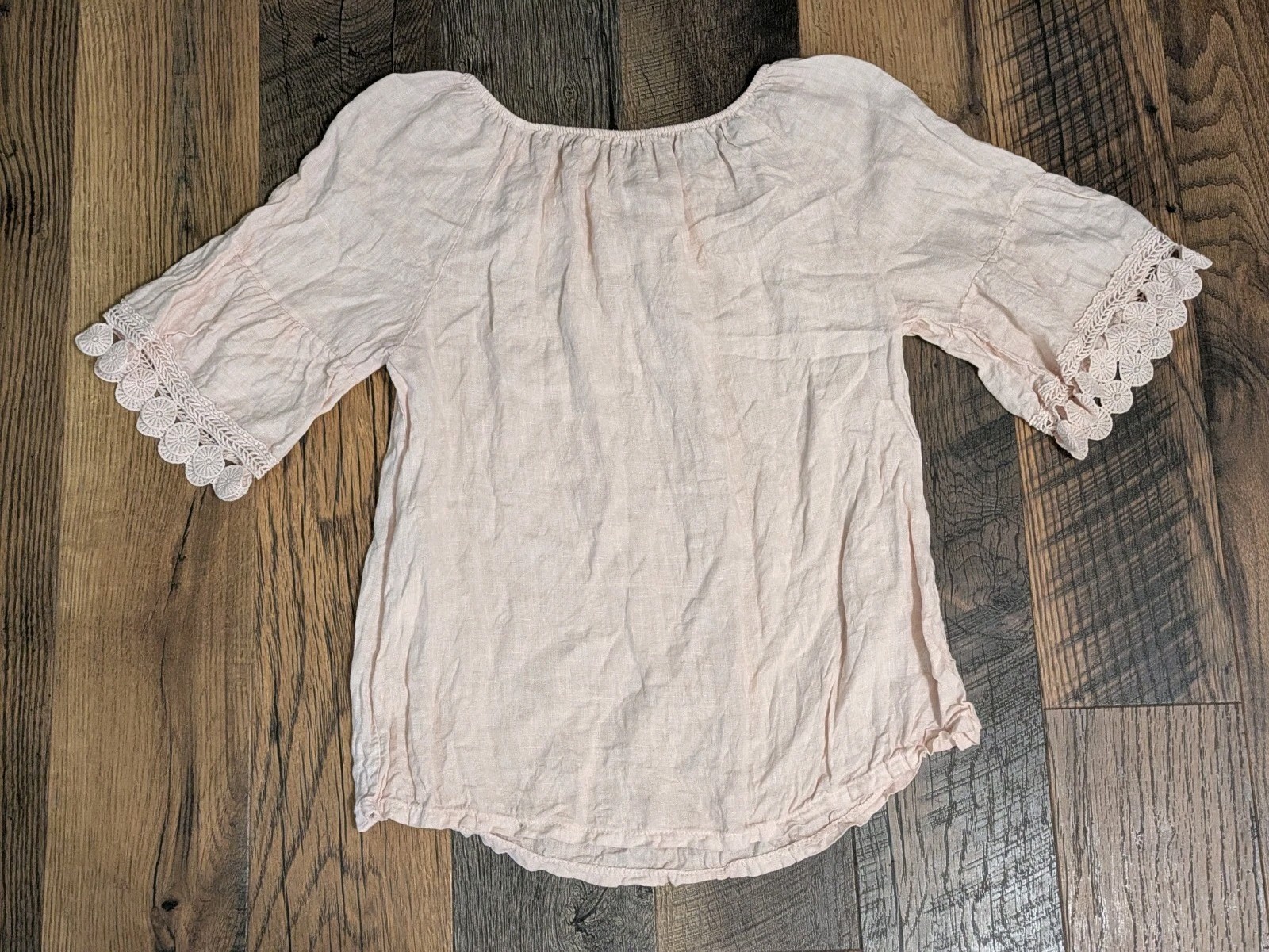Terzo Millennio Italy Linen Top Womens L Pink Crochet Sleeve Boho Cottagecore