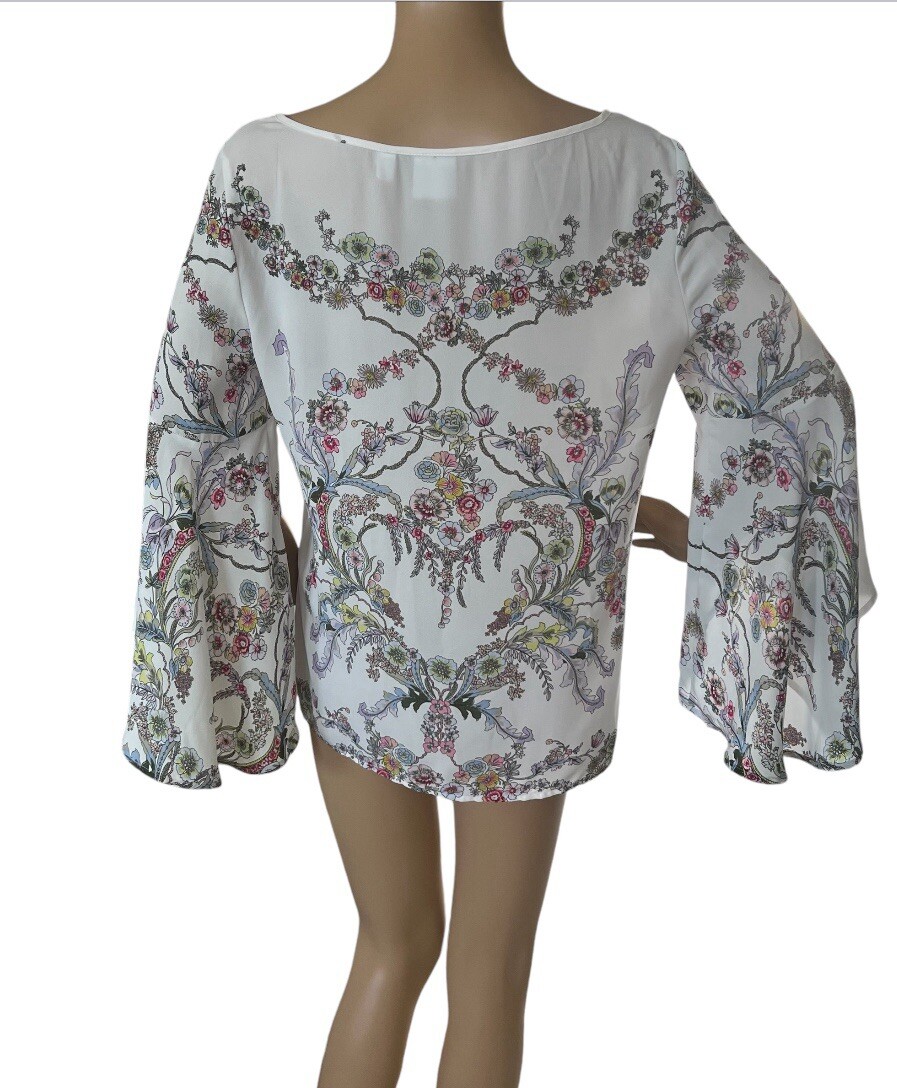 Soho New York & Co Womens White Floral Print Bell Sleeves Sheer Top Size Small