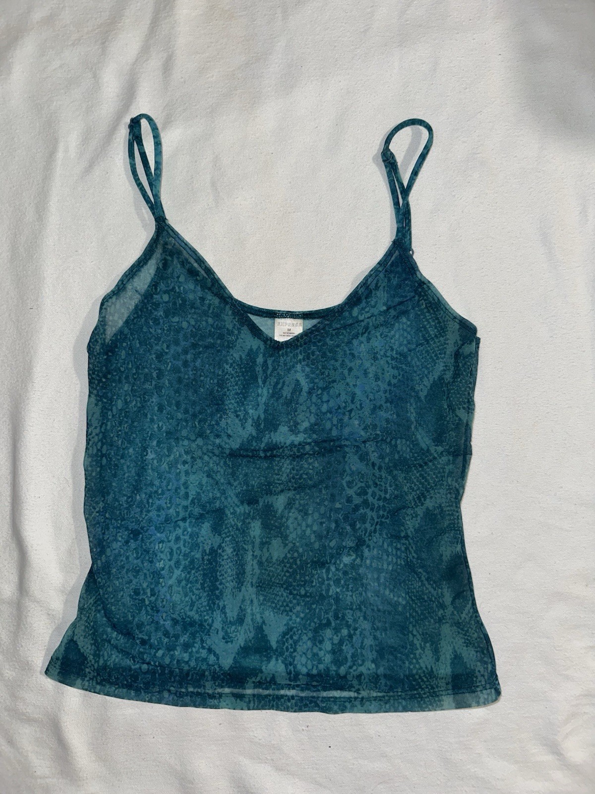 Vintage Express Y2K Sheer Mesh Floral Cami Tank Top Teal Adjustable Small
