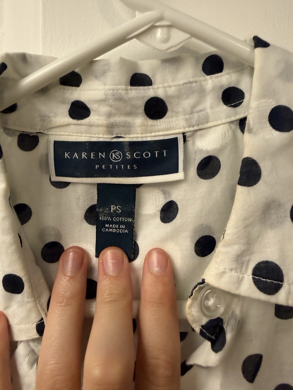 Karen Scott Petites PS White/Blue Polka Dot Cotton Collared Button-Down Shirt