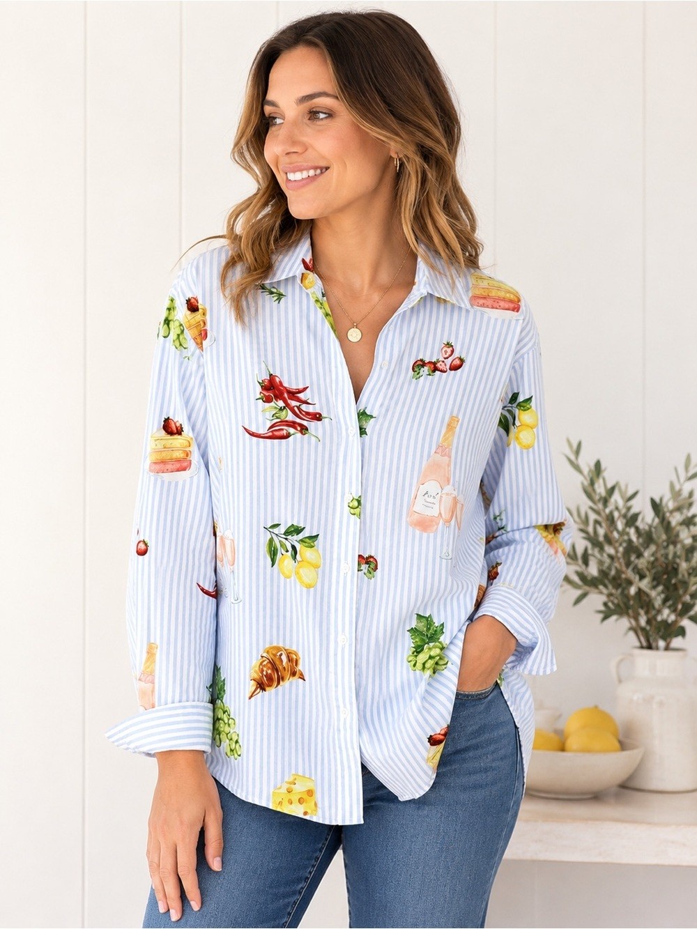 Eliane Rose Novelty Brunch/Food Print Cotton Button Down Shirt Blue Stripe XL