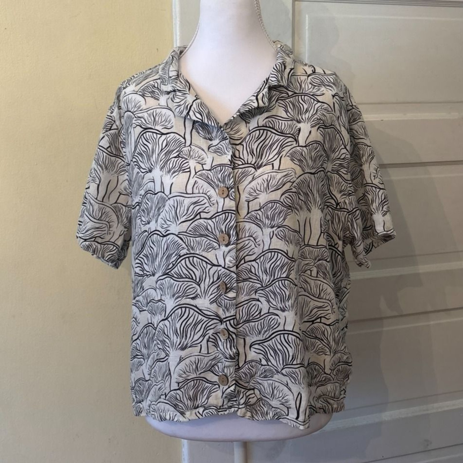Boxy button down mushroom black ivory hippy linen cottage core short sleeve