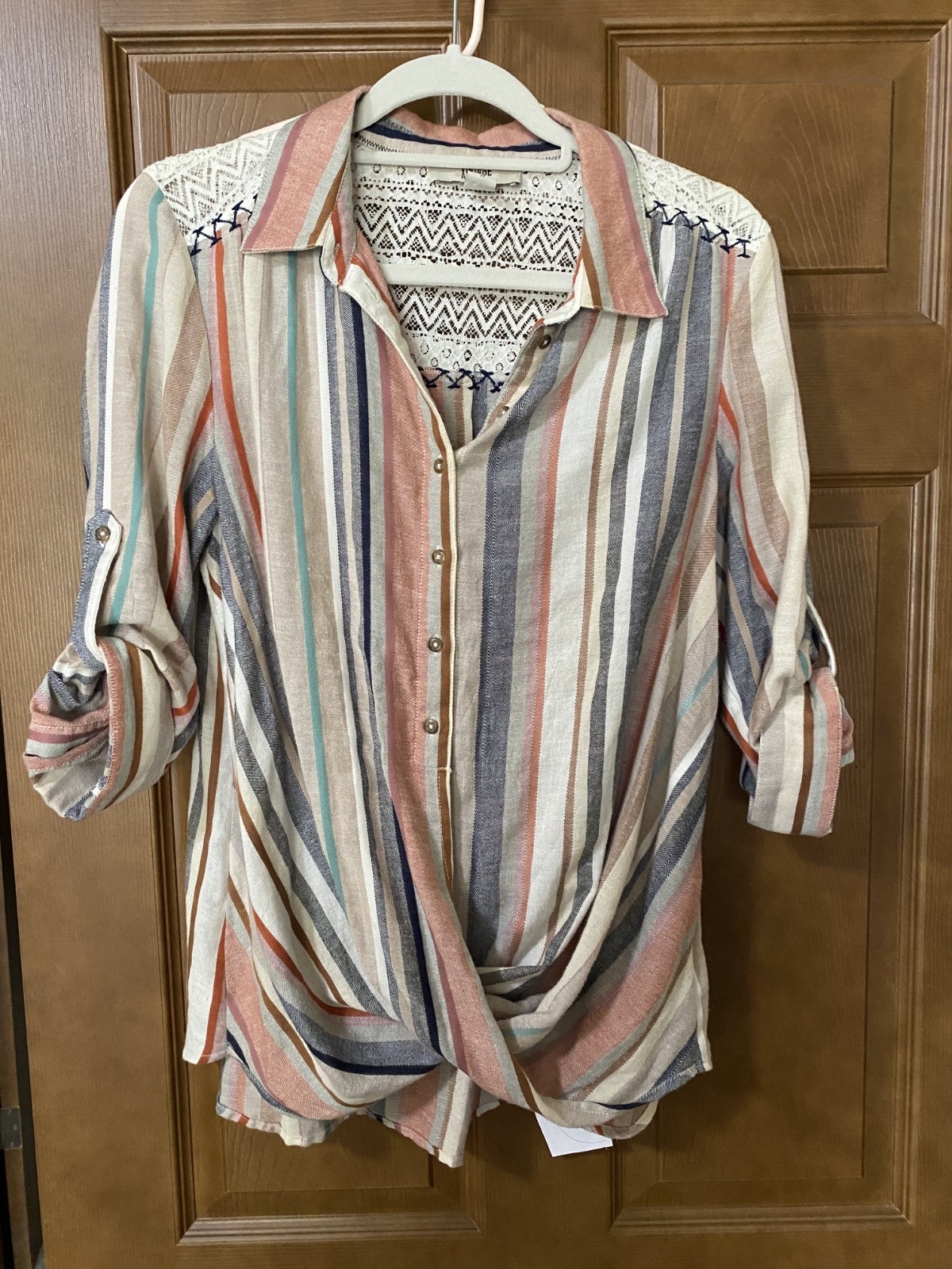 Vintage America Blues brand, button down shirt with twist front. lace detail bac