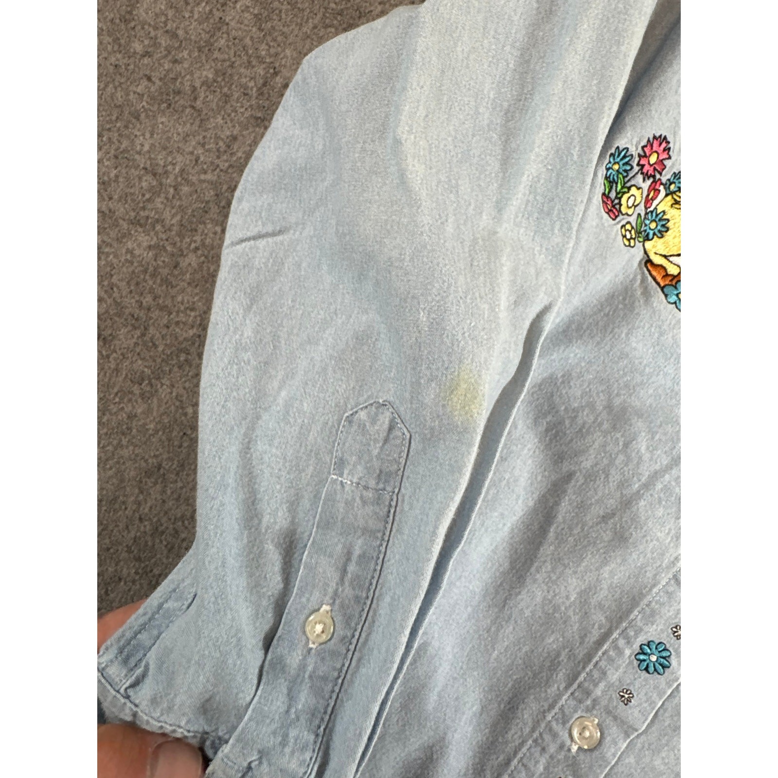 VINTAGE 90s Disney Store Denim Shirt Womens Blue Winnie The Pooh Floral Small