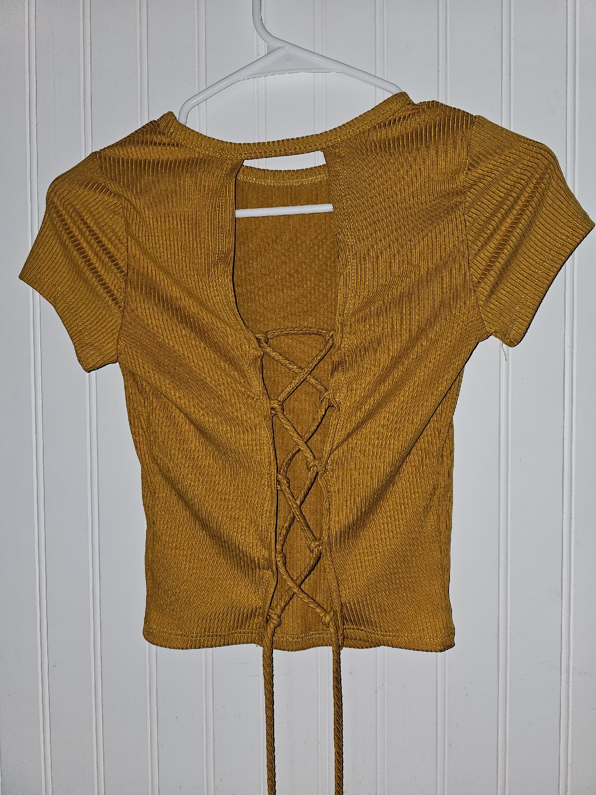 womens top junior xs lace up back Mustard color