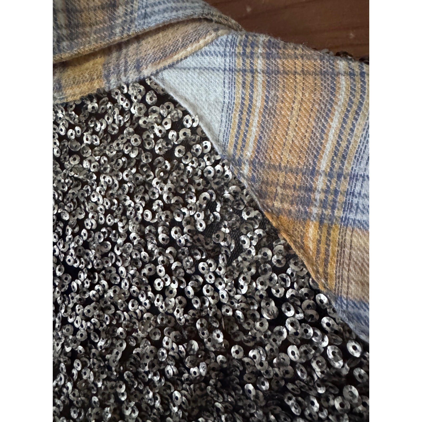 Free People Plaid Button Down S Yellow Sequin Yoke Flannel Boho Glam