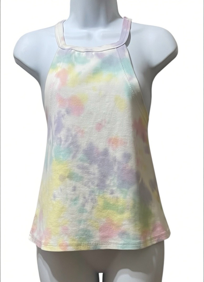 Chelsea & Violet Rainbow Tie-Dye Washed Ribbed Halter White Tank Top sz XXL NWT