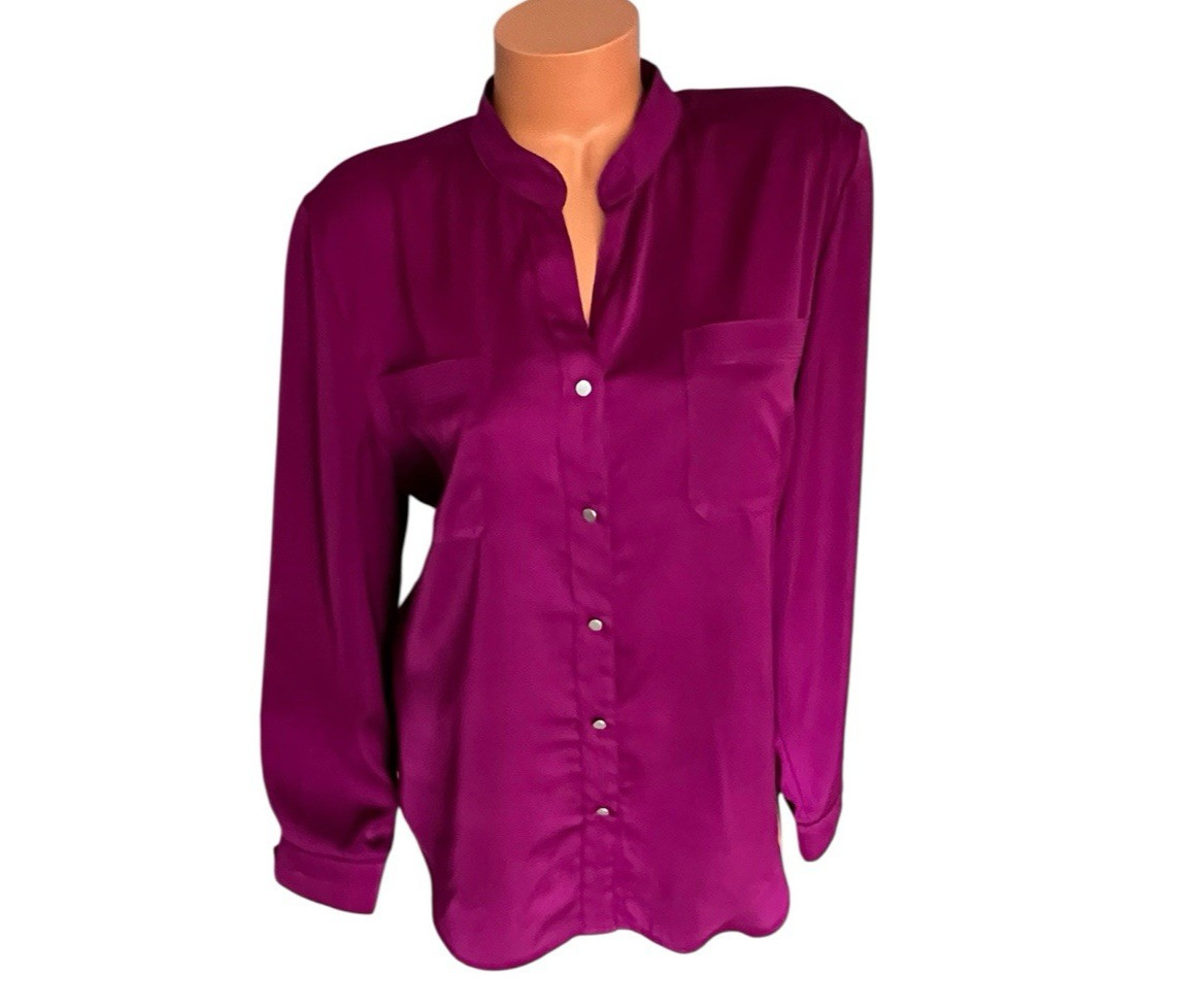 Chico’s Blouse Sz 2 Magenta Lg Slv Button Front Mock Neck “Silky Feel”
