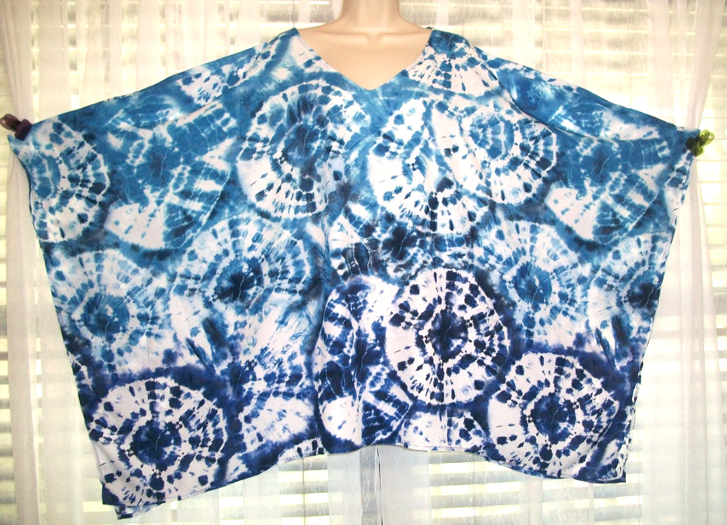 BELLE~KIM GRAVEL~PLUS 4X BLUE WHITE TIE-EYE KIMONO STYLE RELAXED BOHO TOP BLOUSE