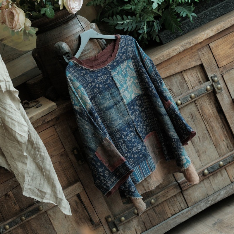 Vintage Patchwork Indigo Cotton Top Loose Wabi Sabi Blouse
