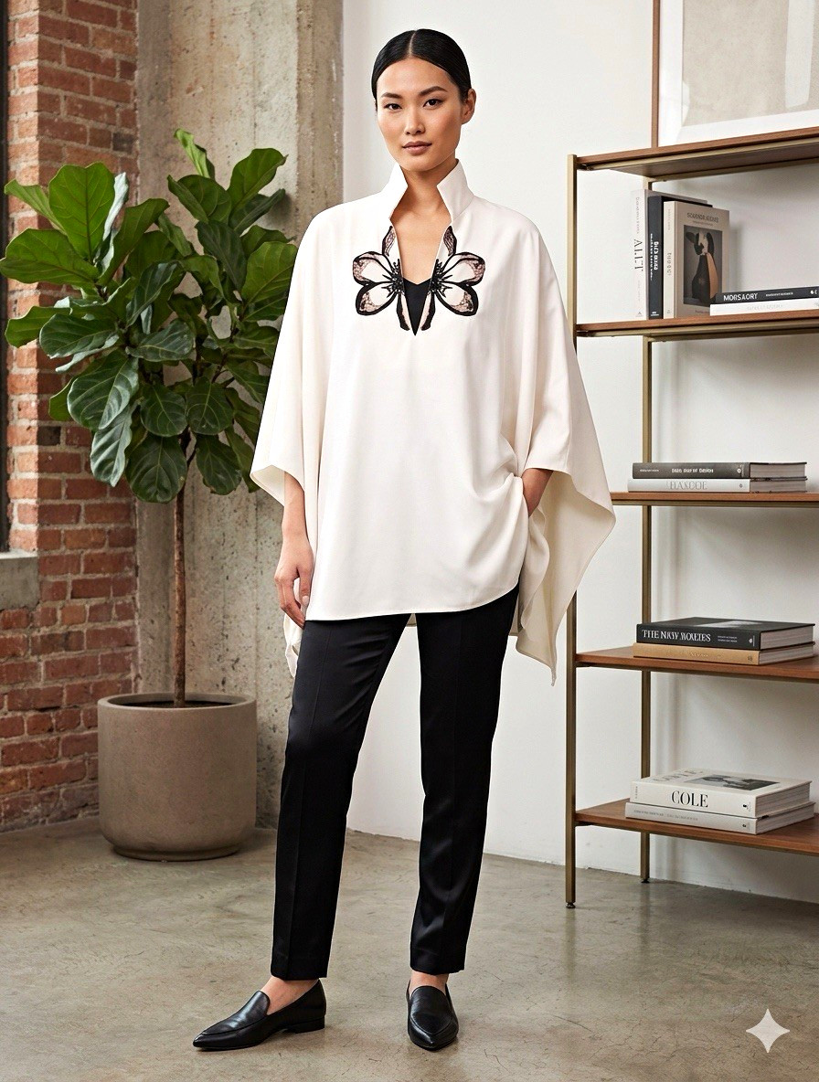 Uoozee Ivory XL Kaftan Blouse Butterfly Embroidered V-Neck 3/4 Pullover