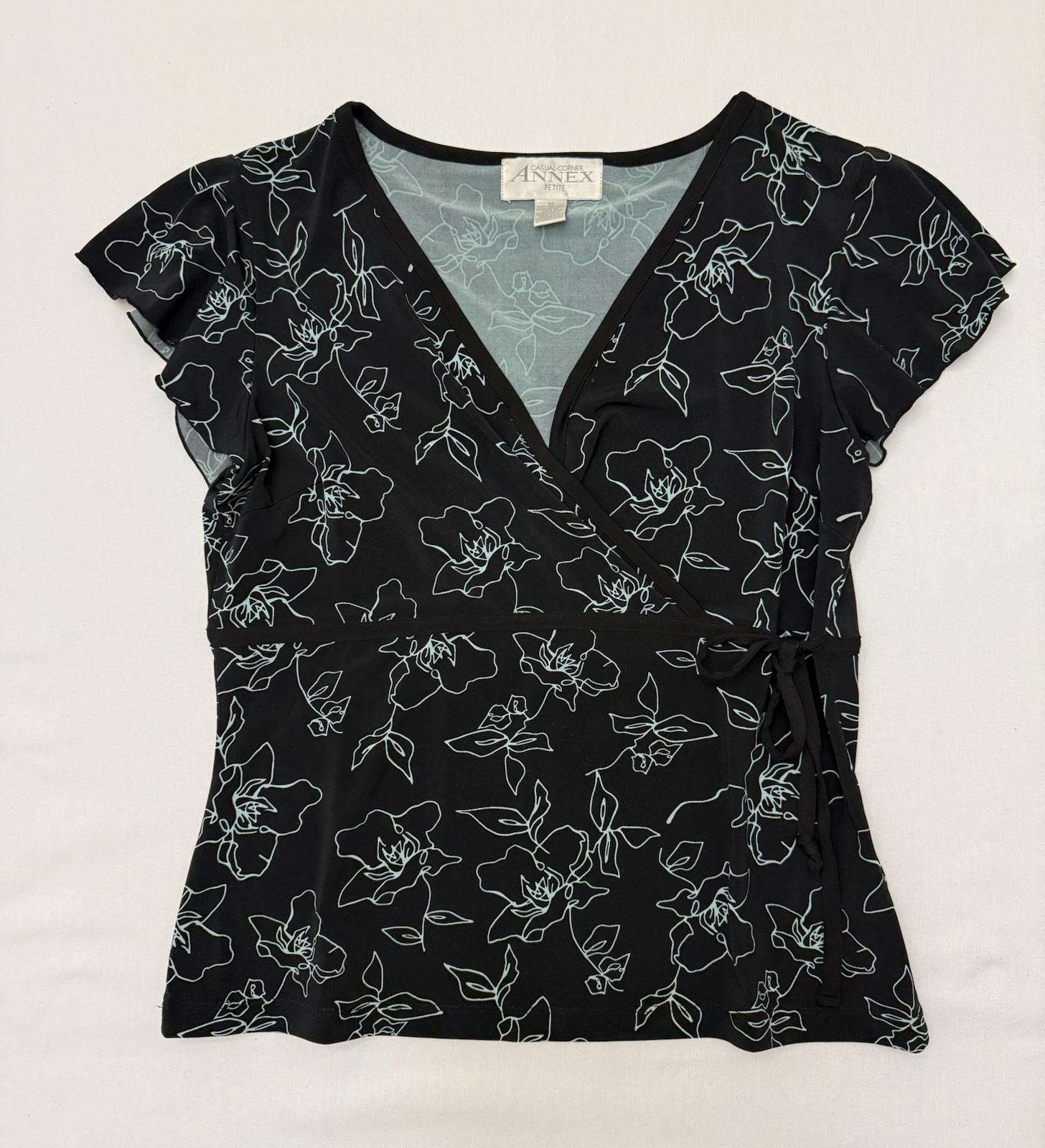 EUC Vintage Casual Corner Annex Faux Wrap Top SZ PM Black Green Floral Y2K 90s