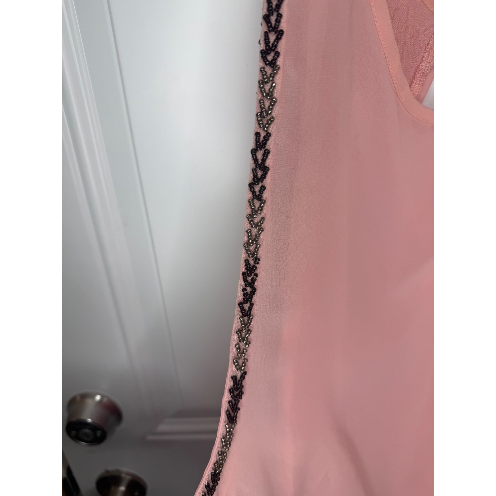 Peach Beaded Trim Chiffon Overlay Sleeveless Blouse Keyhole Back Top L