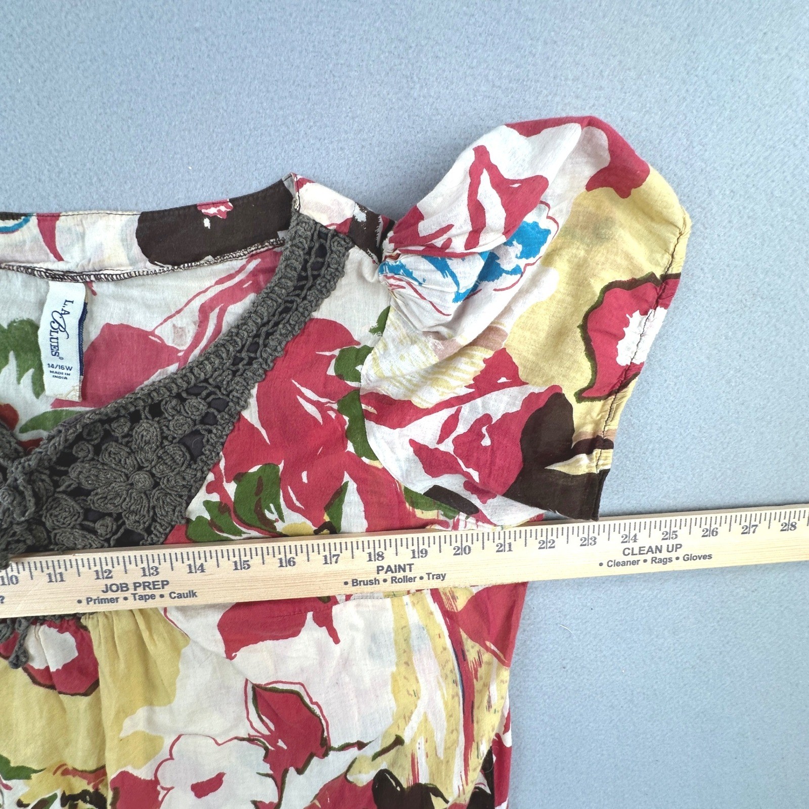 LA Blues Floral Crochet V-Neck Top Womens 14/16W Multicolor Cotton Boho Blouse