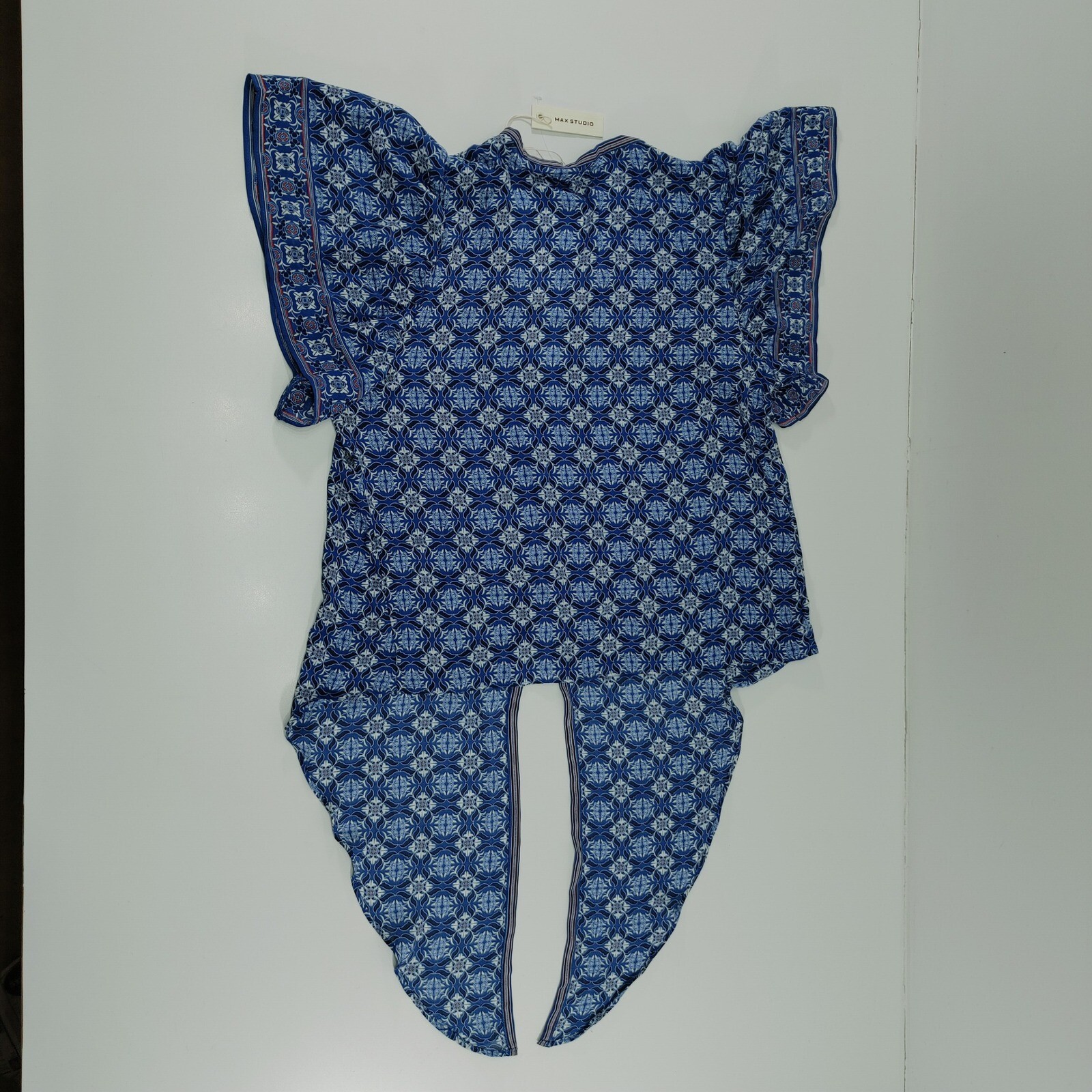 Max Studio Blouse Tie Front Blue Patterned Ruffle Sleeve Size M Pull Over
