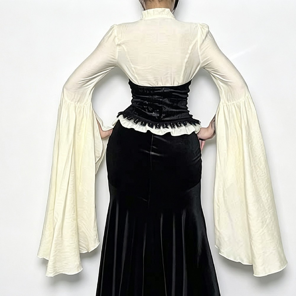 Vintage Blouse Women V Neck Lace Ruffle Super Long Flare Bell Sleeve Corset Tops