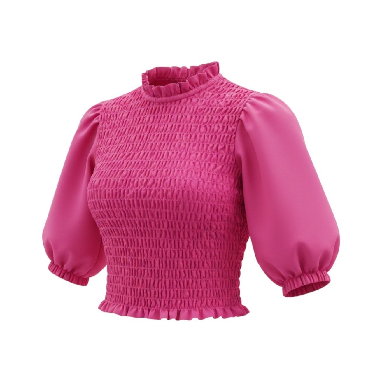 Pink Smocked Puff Sleeve Top XS Ruffle Mock Neck Boho Chic Cottagecore Coquette