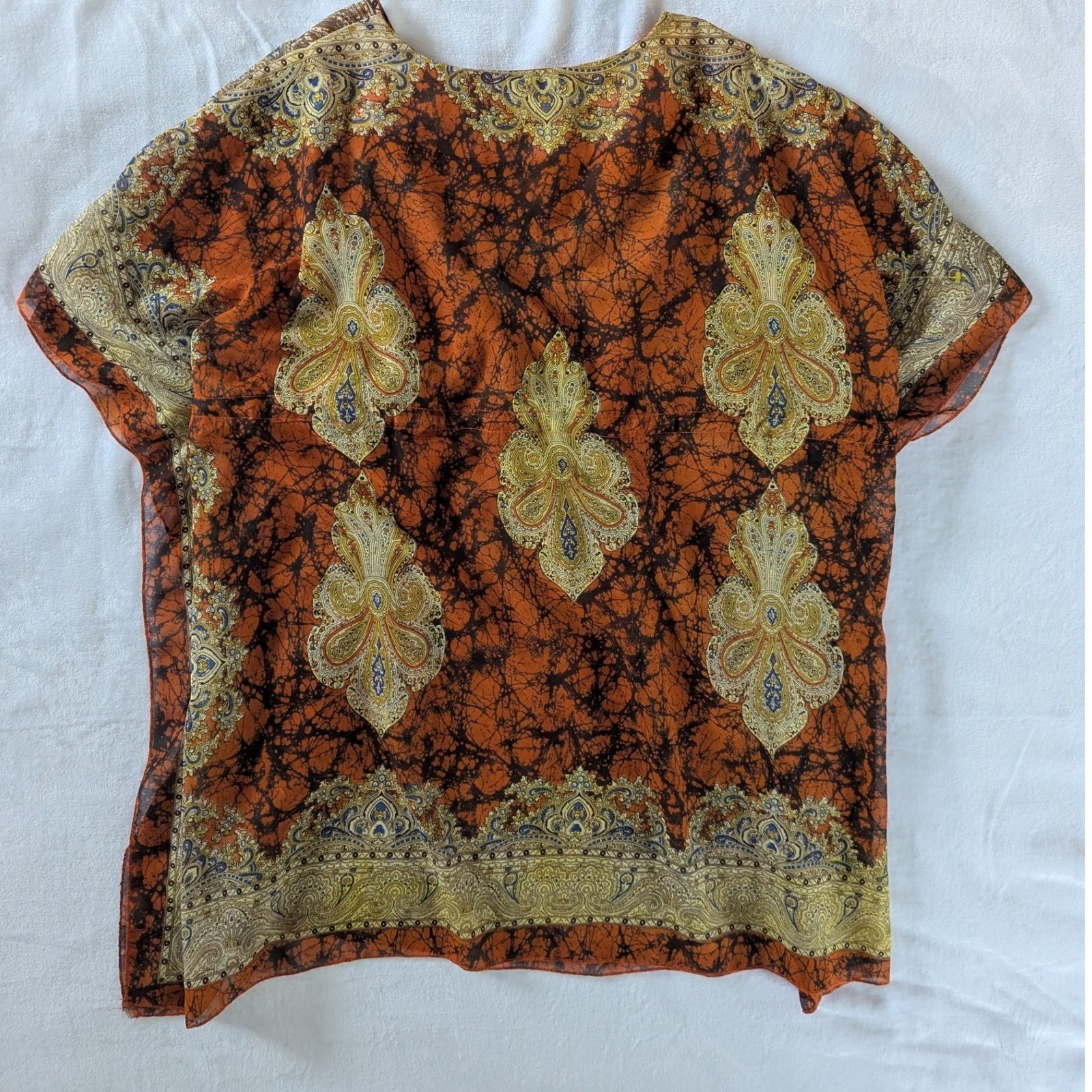 Colors of India Beach Cover Up Tunic Orange Paisley Cinch Waist Kimono Sleeve OS