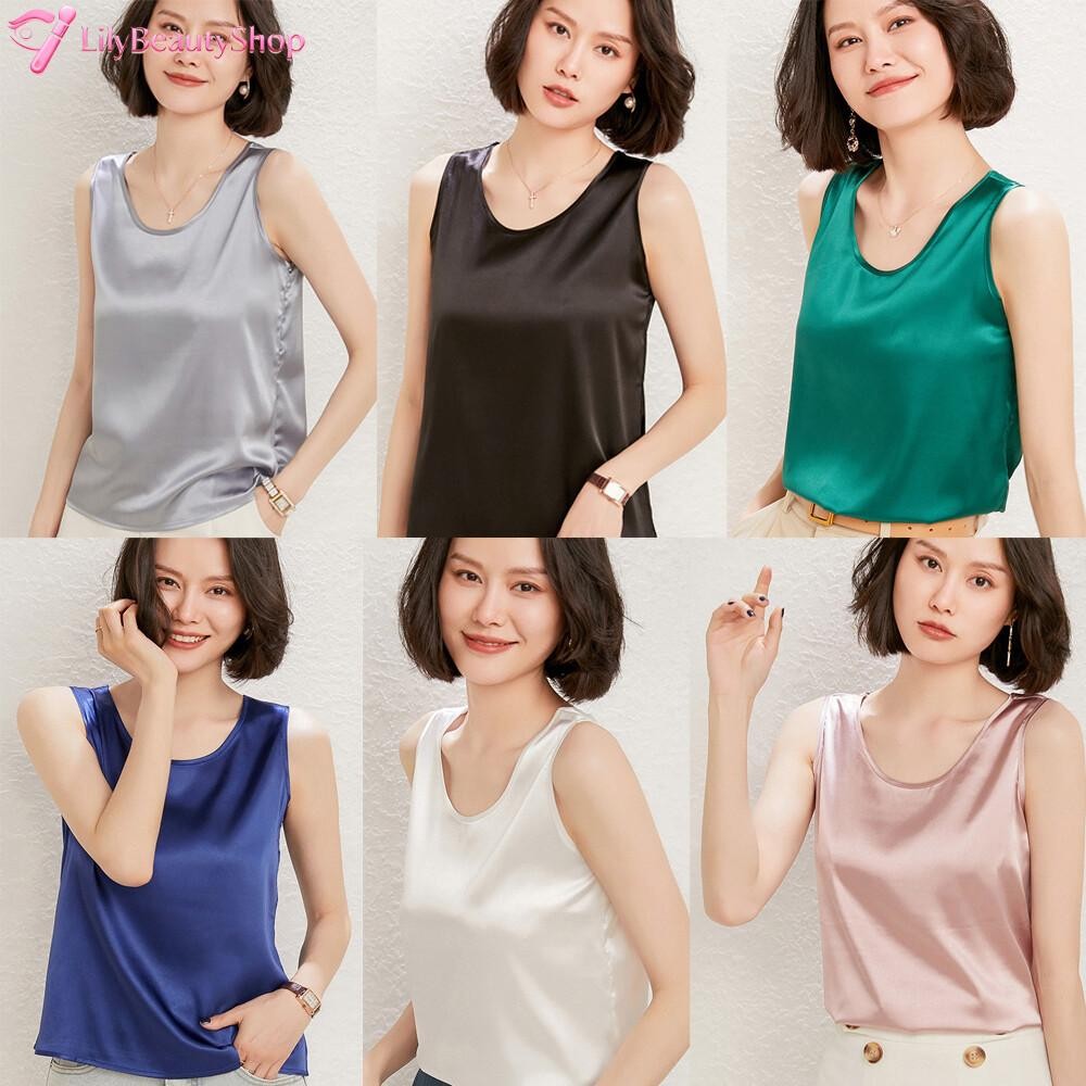 2023 Women New Tank Sleeveless Top 100% Pure Silk Singlet Blouse Soft Lady Vest