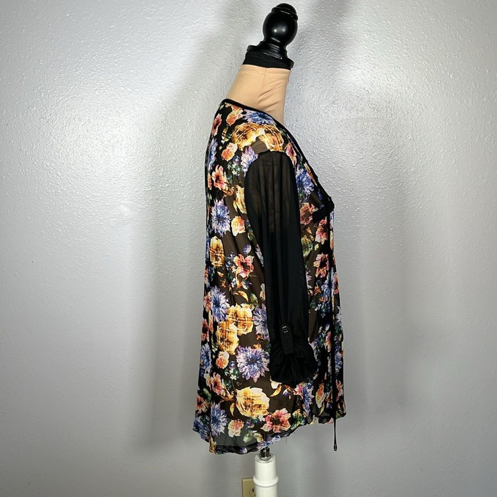 Sheer Mesh floral print drawstring top sz S | whimsigoth feminine grunge Y2K