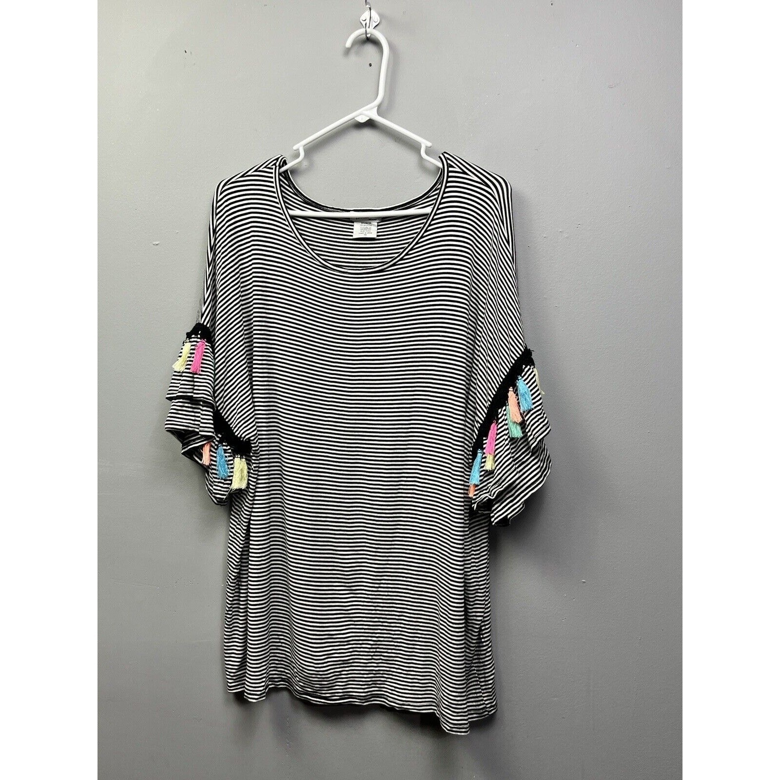 Isela Blouse Womens 1X Stripe Bell Sleeve Rainbow Colors Tassels Scoop Neck