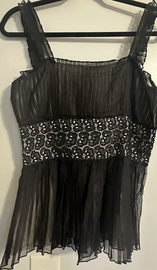 Sportmax Black Silk Chiffon Pleated Embroidered Camisole Blouse Square Neck 8