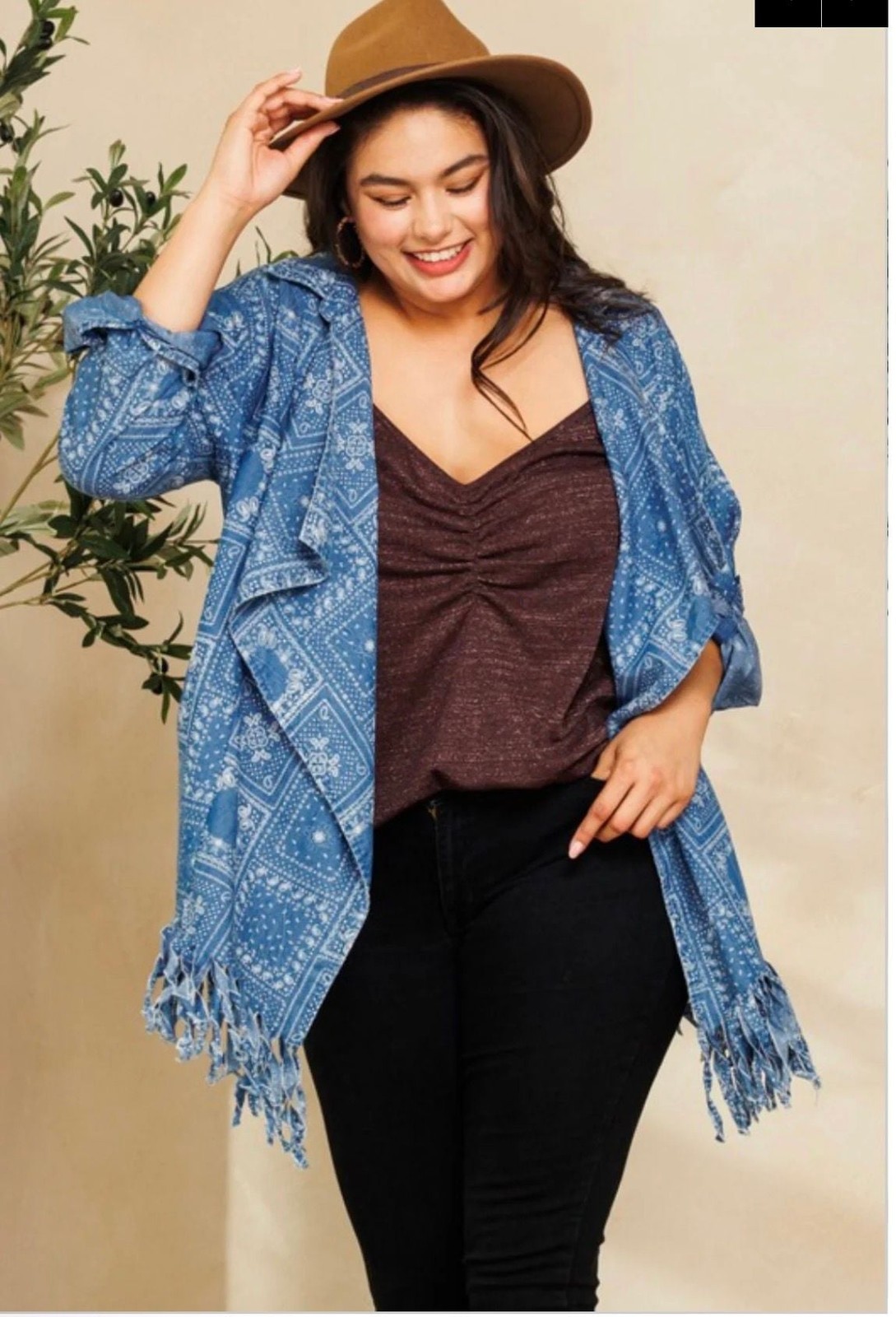 LONG ADJUSTABLE SLEEVE OPEN TENCEL CARDI WITH FRIINGE – ,
