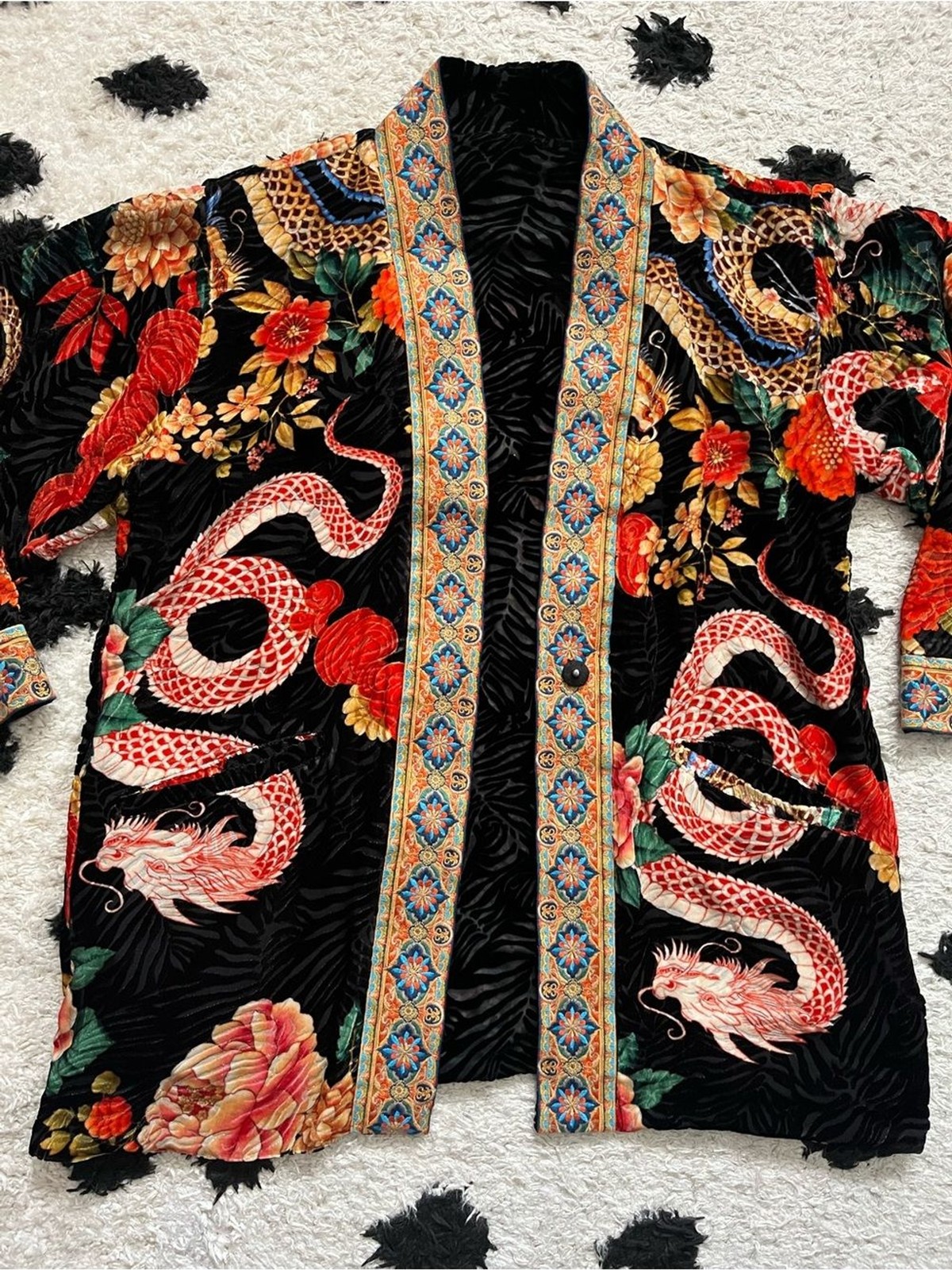 Johnny Was size XS Merhawi Kimono Black Velvet Dragon Kimono Jacket Embroidery
