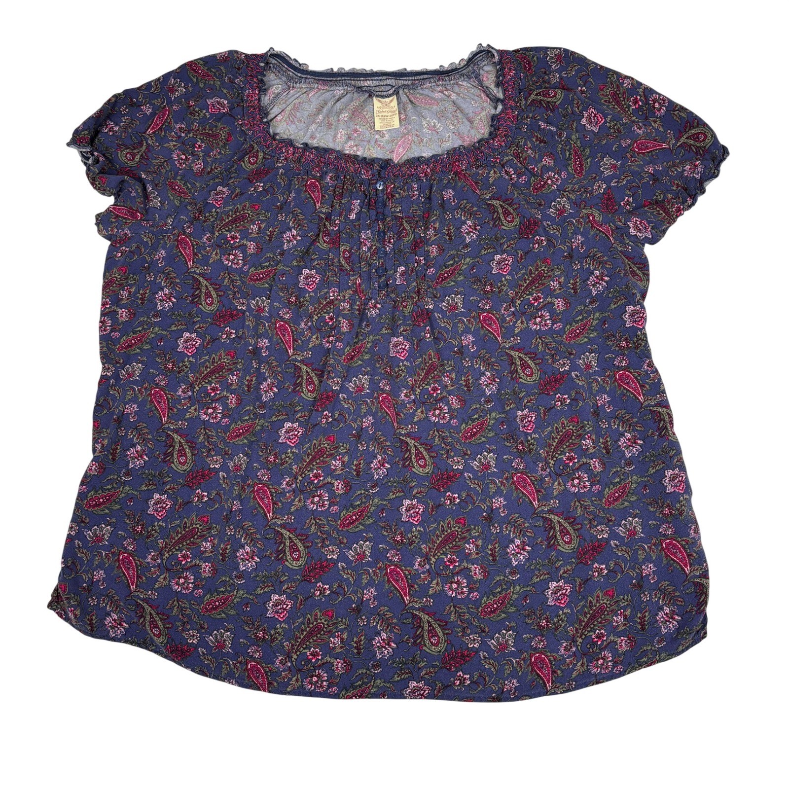 Faded Glory 2X Paisley Floral Peasant Top Peri Night Blue Boho Cottagecore Rayon